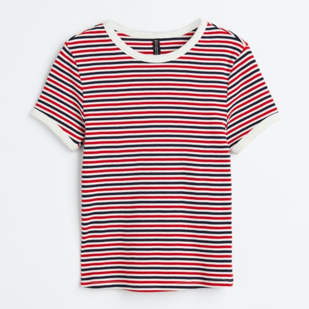 H&M, fitted soft cotton top, Small, White/dark blue/red, Striped.